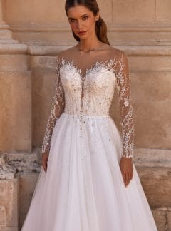 Rochie de mireasă A-line Bellara 2026-011 din voal, cu corset din dantelă și spate cu nasturi