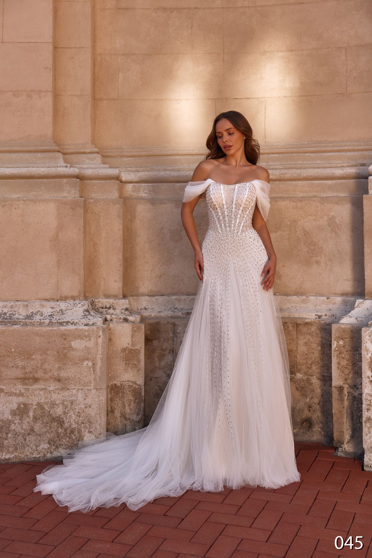 Rochie de mireasă A-line Bellara 2026-45 din tull, cu corset perlat și bretele pe umeri