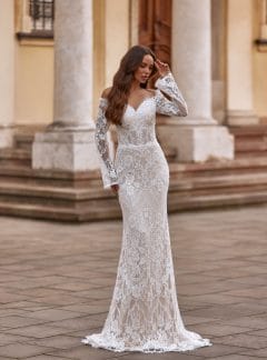Rochie de mireasă sirenă Bellara 2026-51 din dantelă florală, cu mâneci lungi